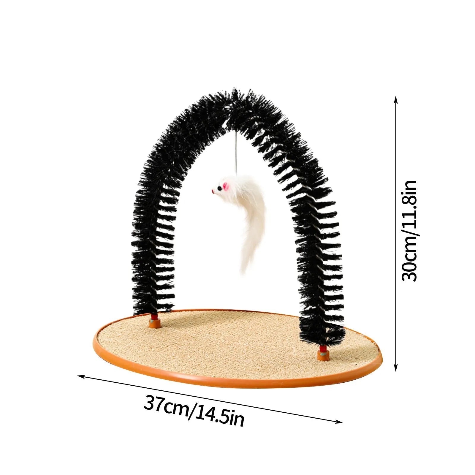 Black cat arch brush scratching post with attached plush mouse toy on non-slip base
