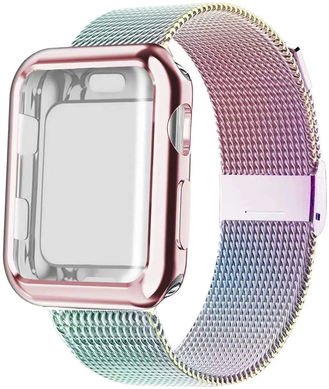 Magnetic Milanese metal loop band for Apple Watch in silver, shown attached to a watch.