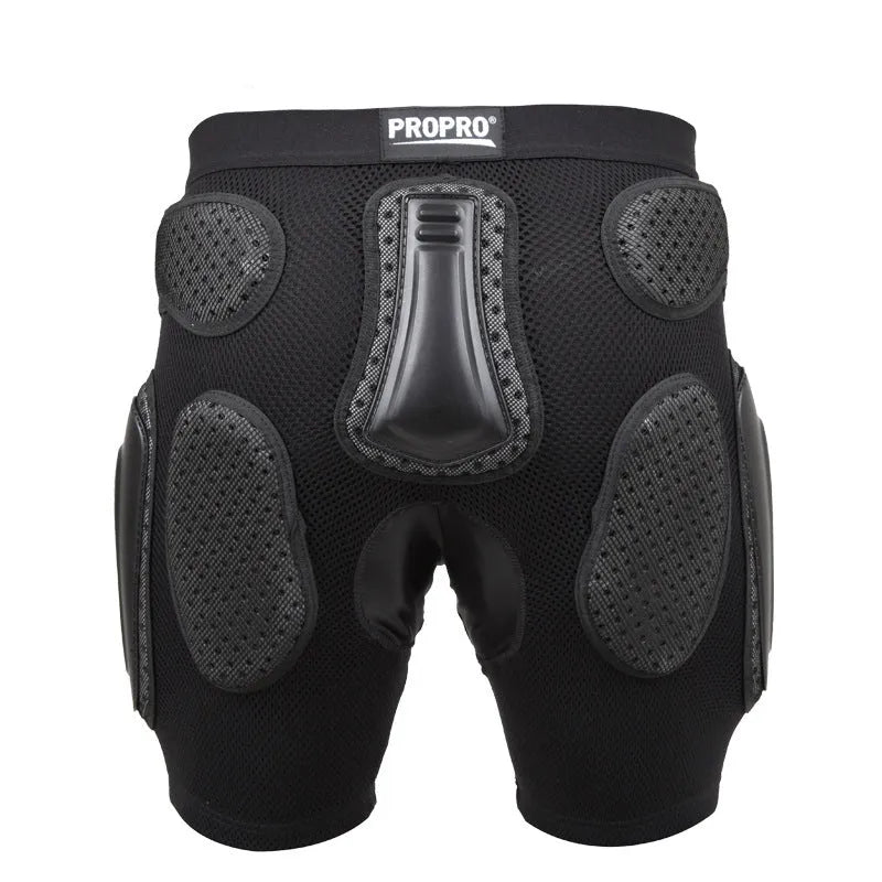 Black cycling protective pants with hip pads in sizes S, M, L, XL.