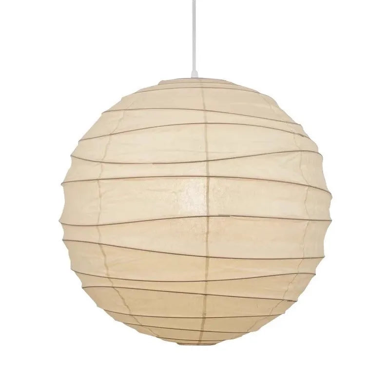 Japanese rice paper chandelier in living room setting showing soft ambient lighting