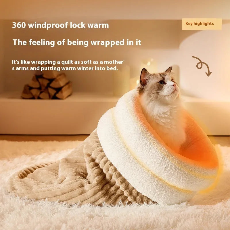 Brown semi-enclosed plush pet sleeping bag for cats on a wooden floor