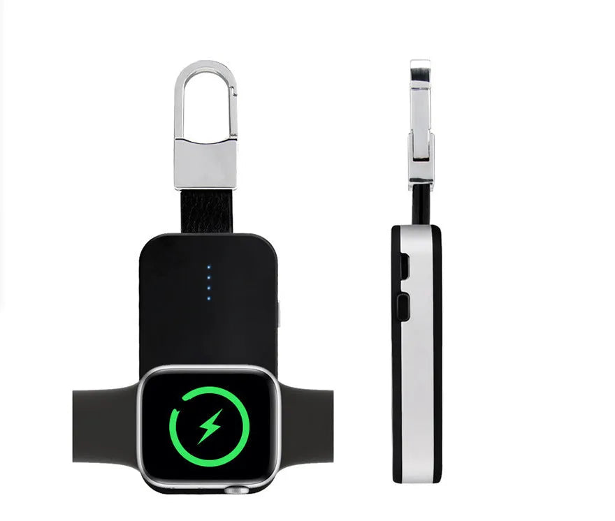 Black Apple Watch keychain power bank showing compact size and key ring attachment.