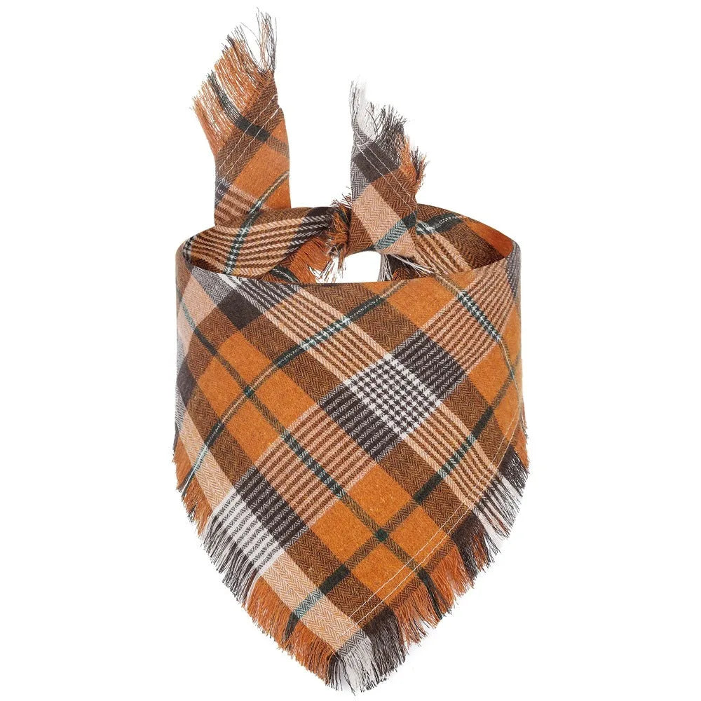 Plaid triangle dog bandana with tassels in autumn colours on a dog's neck.