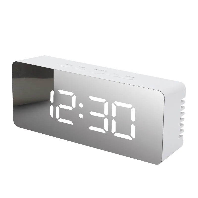 LED digital mirror desktop alarm clock with USB cable, plastic shell, rectangular white light