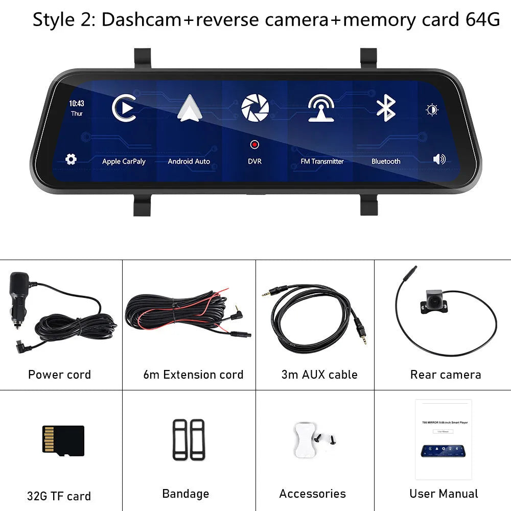 9.66-inch HD in-mirror car dash cam display with front camera and waterproof rear view camera on brackets.