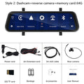 9.66-inch HD in-mirror car dash cam display with front camera and waterproof rear view camera on brackets.