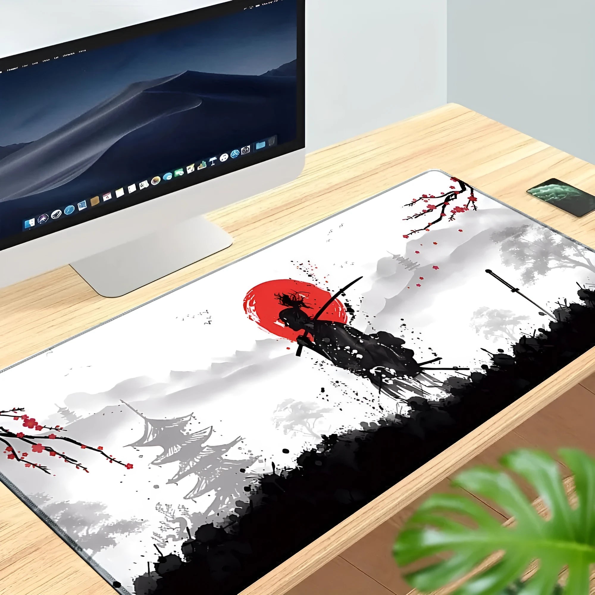 Japanese Samurai themed large gaming mouse pad with cloth surface and non-slip rubber base