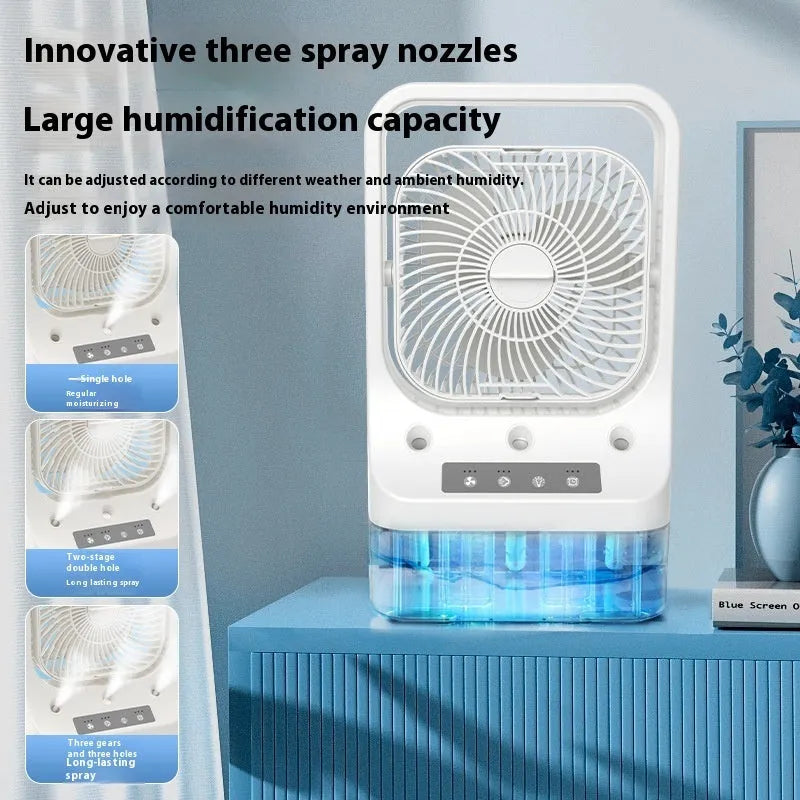 White USB rechargeable household cooling fan with water tank and adjustable nozzles