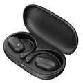 Bone conduction sports headset in black with ear hook design and digital battery display