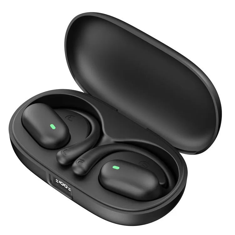 Bone conduction sports headset in black with ear hook design and digital battery display