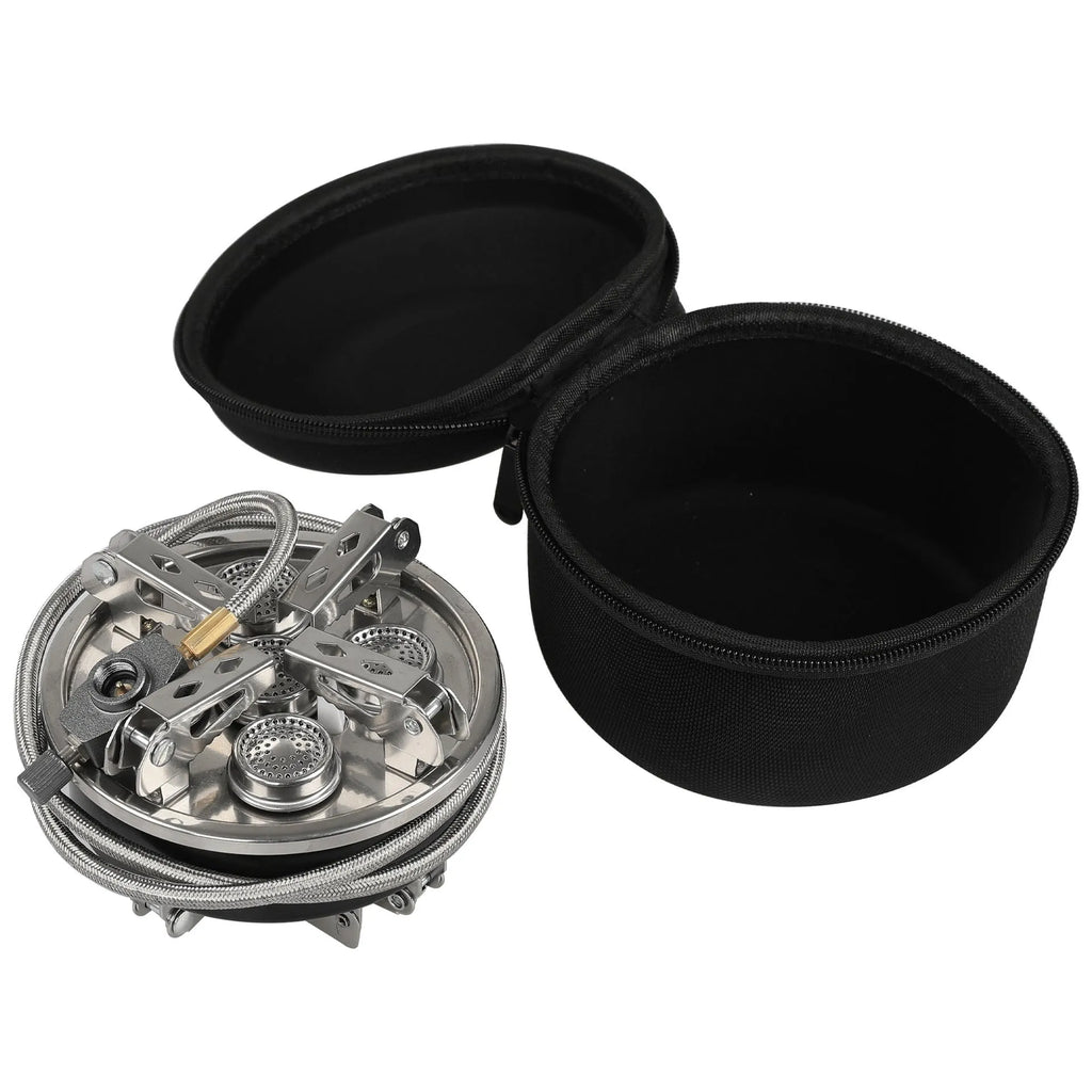Silver portable stainless steel split camping stove shown with its 100cm fuel hose, folded to 155mm by 125mm.