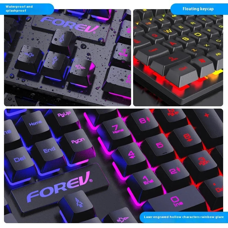 Black 104-key mechanical gaming keyboard with back lighting and matching mouse on desktop