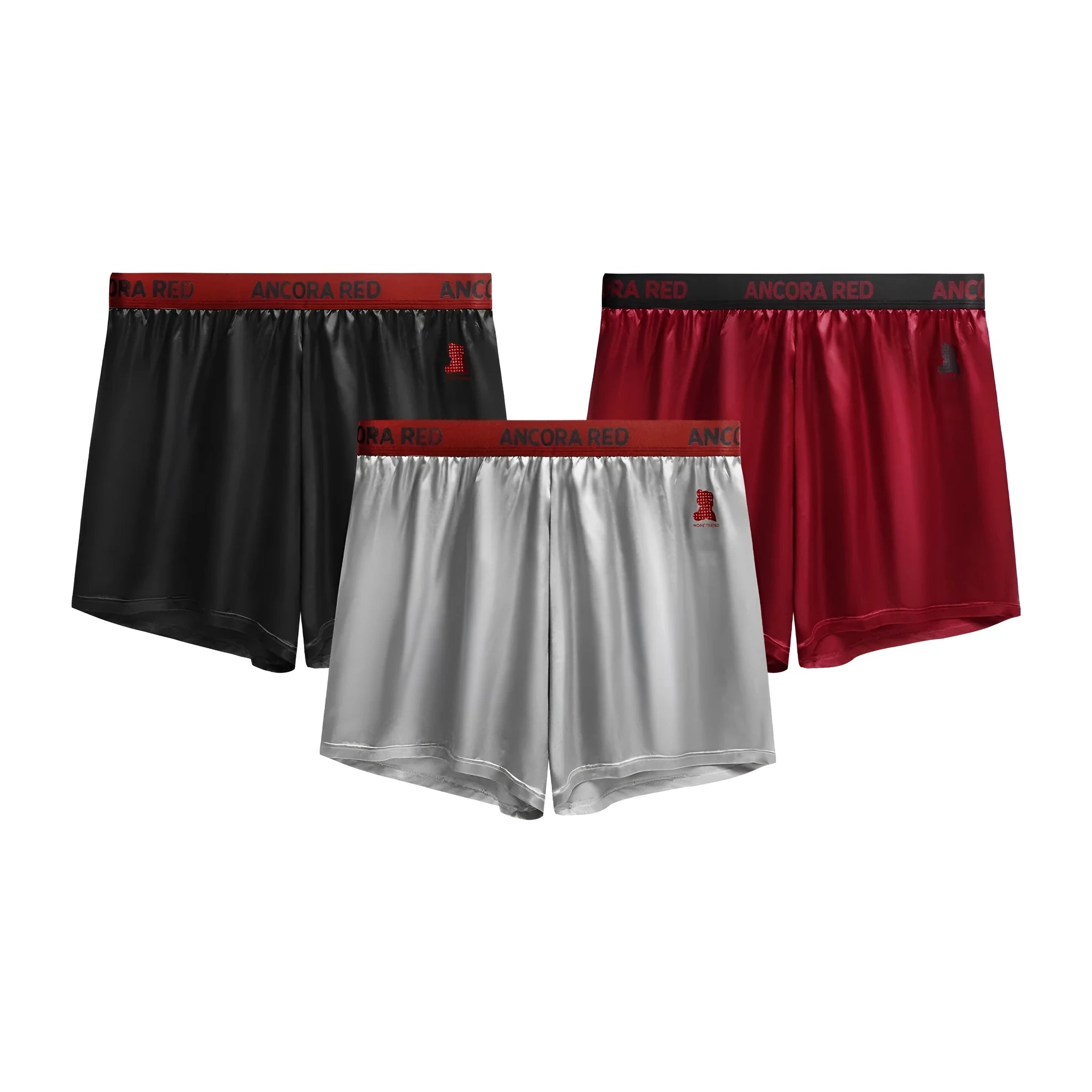 Solid colour men's boxer briefs in black, red, blue, silver, purple, and brown on a mid-waist fit.