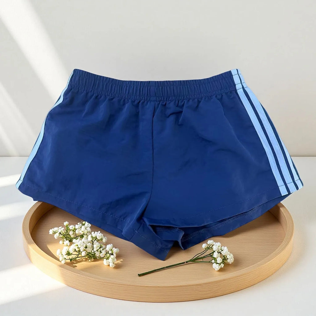 Men's navy blue high-waist nylon sports shorts with elastic fabric