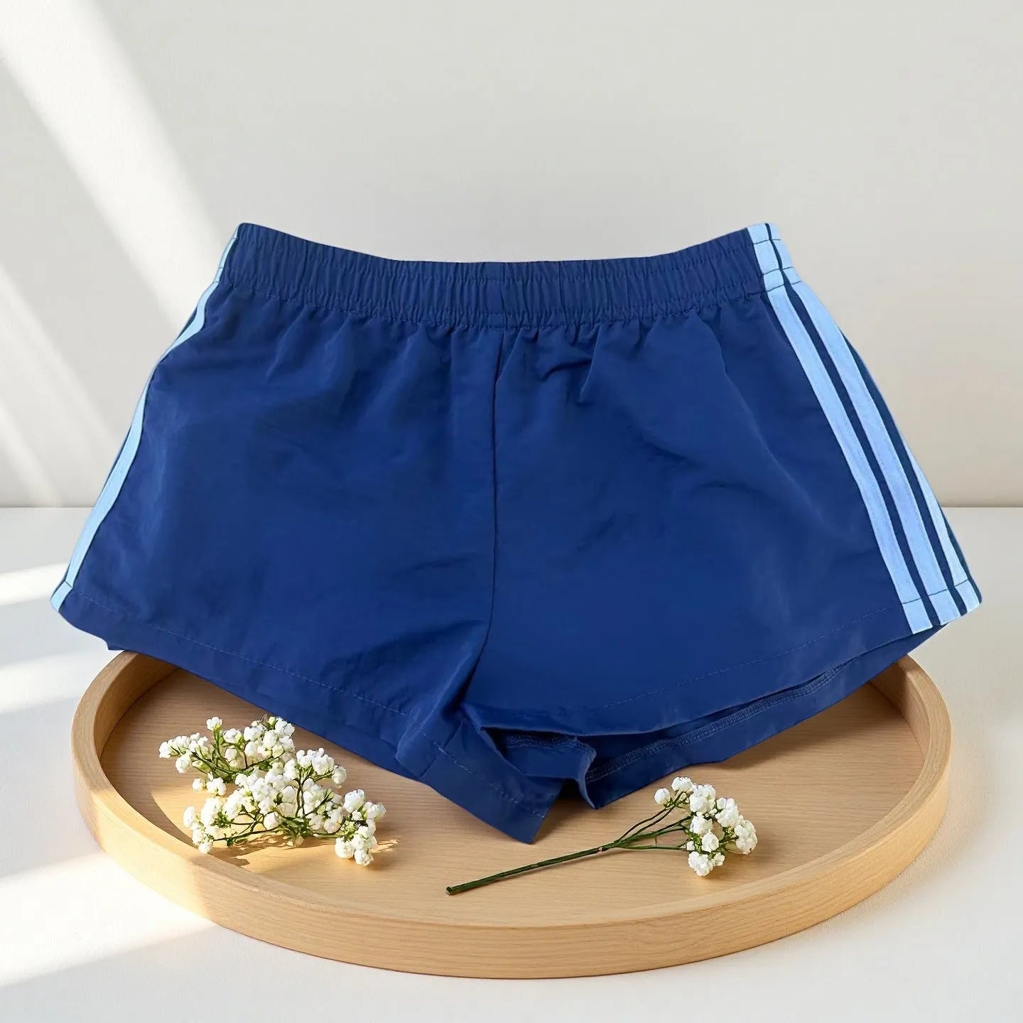 Men's navy blue high-waist nylon sports shorts with elastic fabric