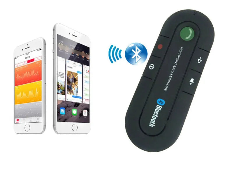 Black Bluetooth handsfree car kit with back clip, auxiliary cable, car charger and USB cable.