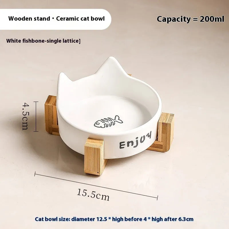 Porcelain cat bowls with wooden frame in cat ear paw design