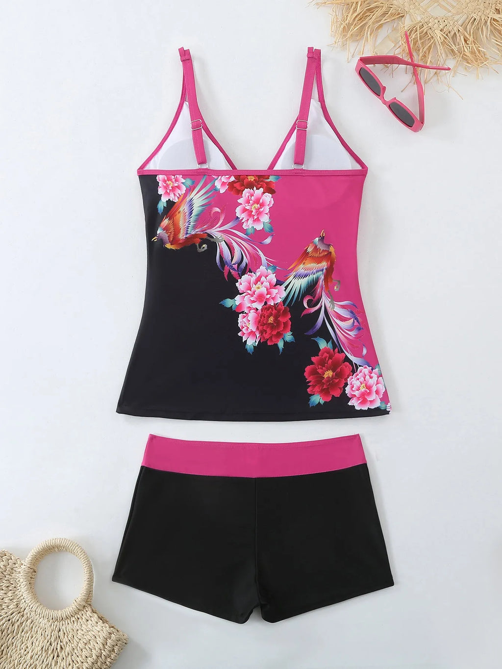 Plus size women's two-piece swimsuit briefs in black or rose red, made from polyester with cotton lining.