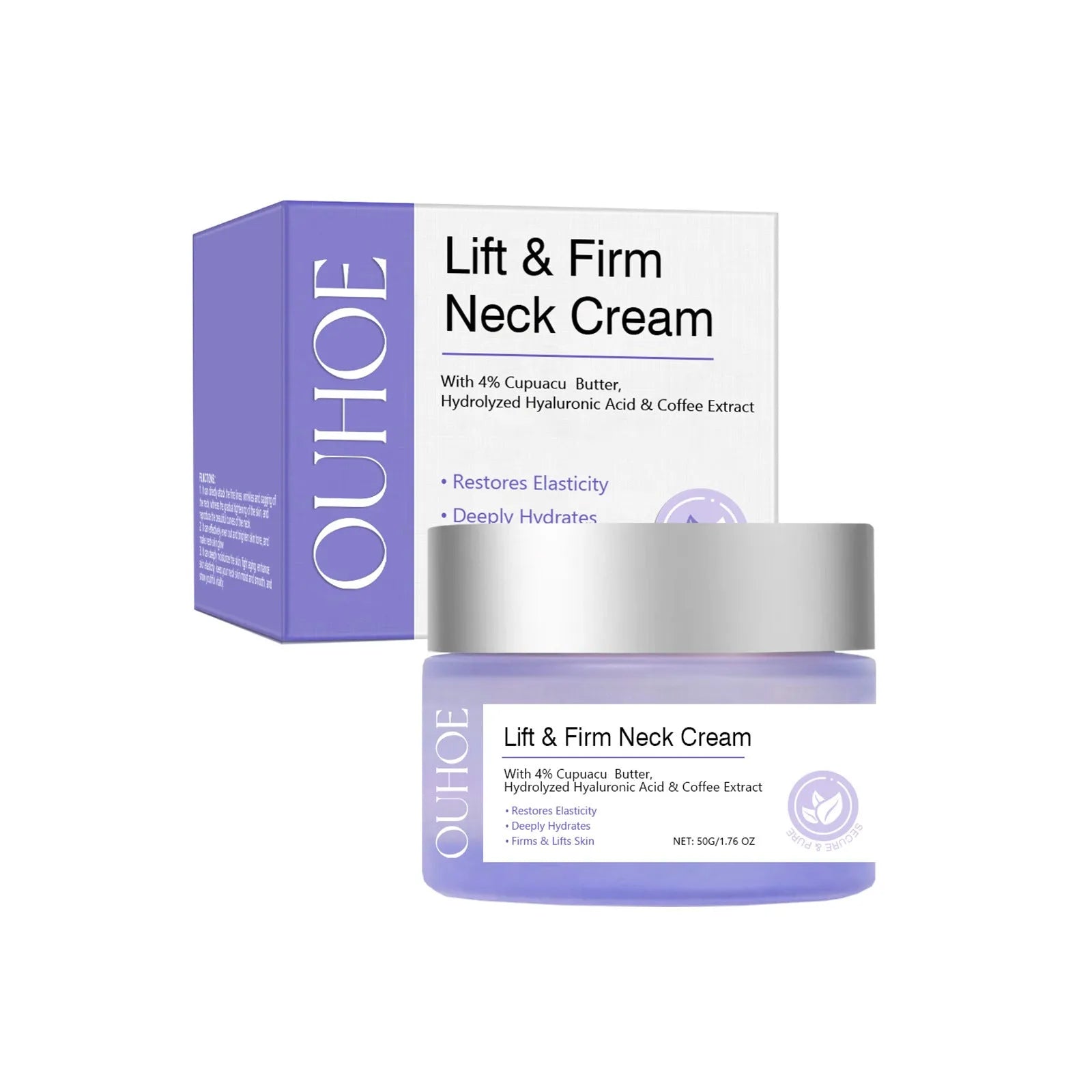 Neck skin cream jar with 50g moisturising formulation containing hyaluronic acid and coffee extract