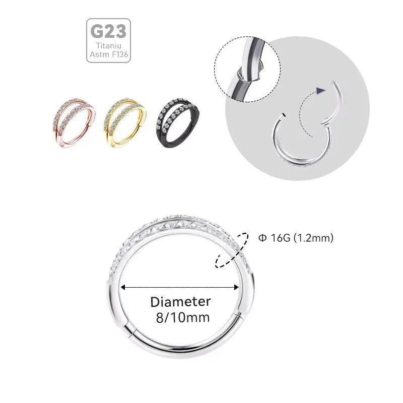 G23 titanium alloy lip ring and nose ring with diamond-cut finish in gold or steel colour.