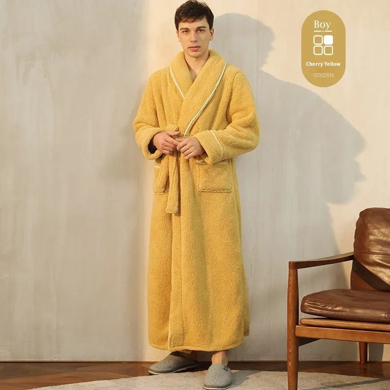 A thick cotton velvet flannel bathrobe for men and women, shown in Angola red and navy blue.