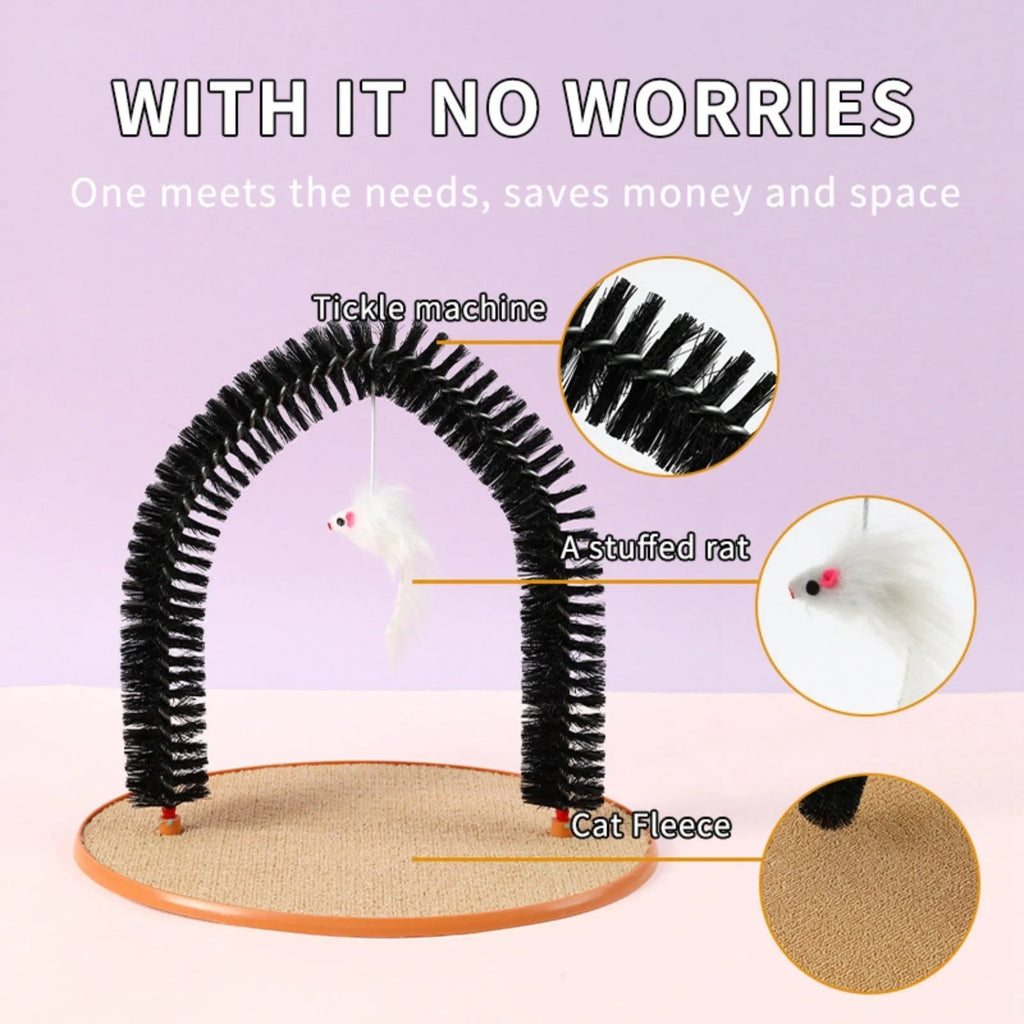 Black cat arch brush scratching post with attached plush mouse toy on non-slip base