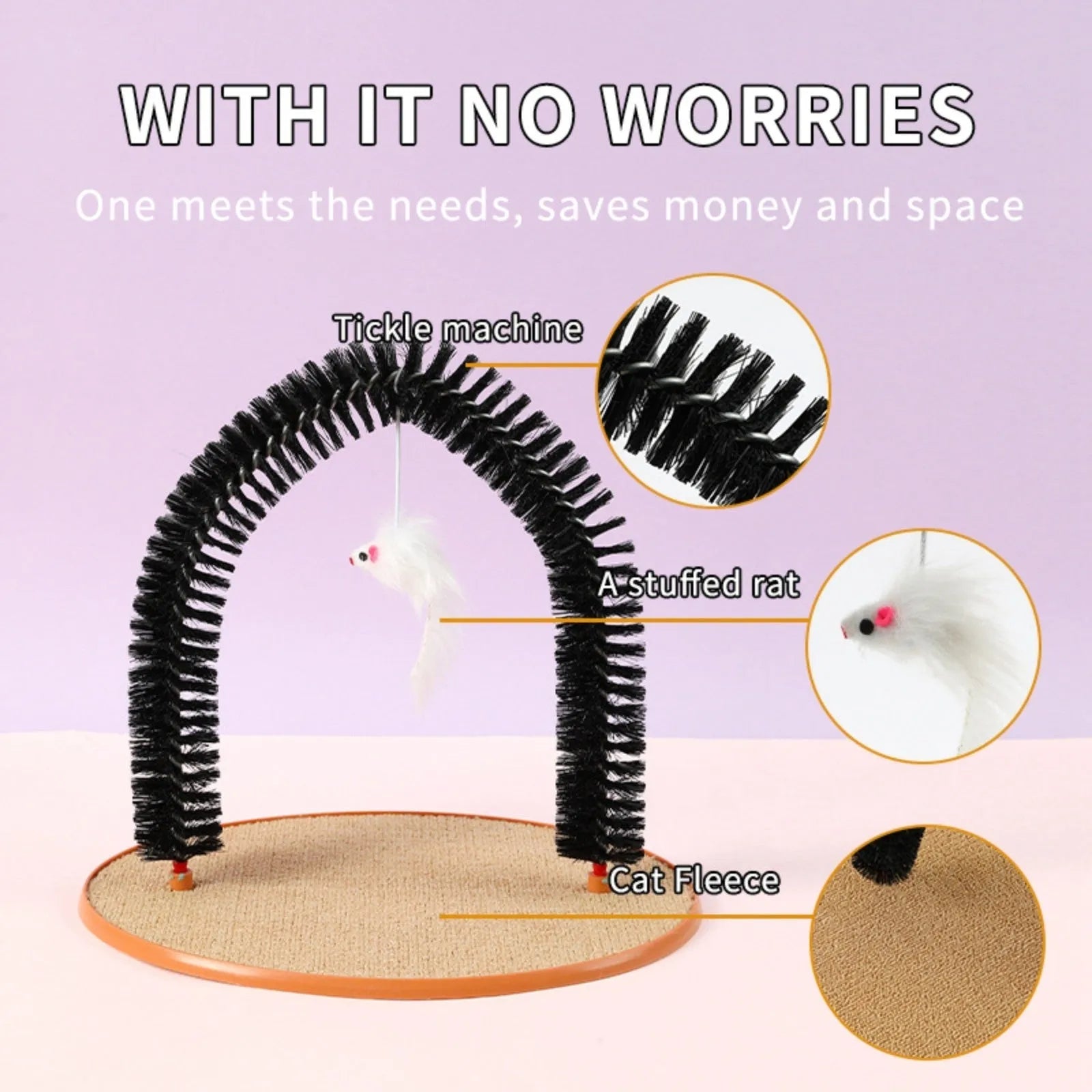 Black cat arch brush scratching post with attached plush mouse toy on non-slip base