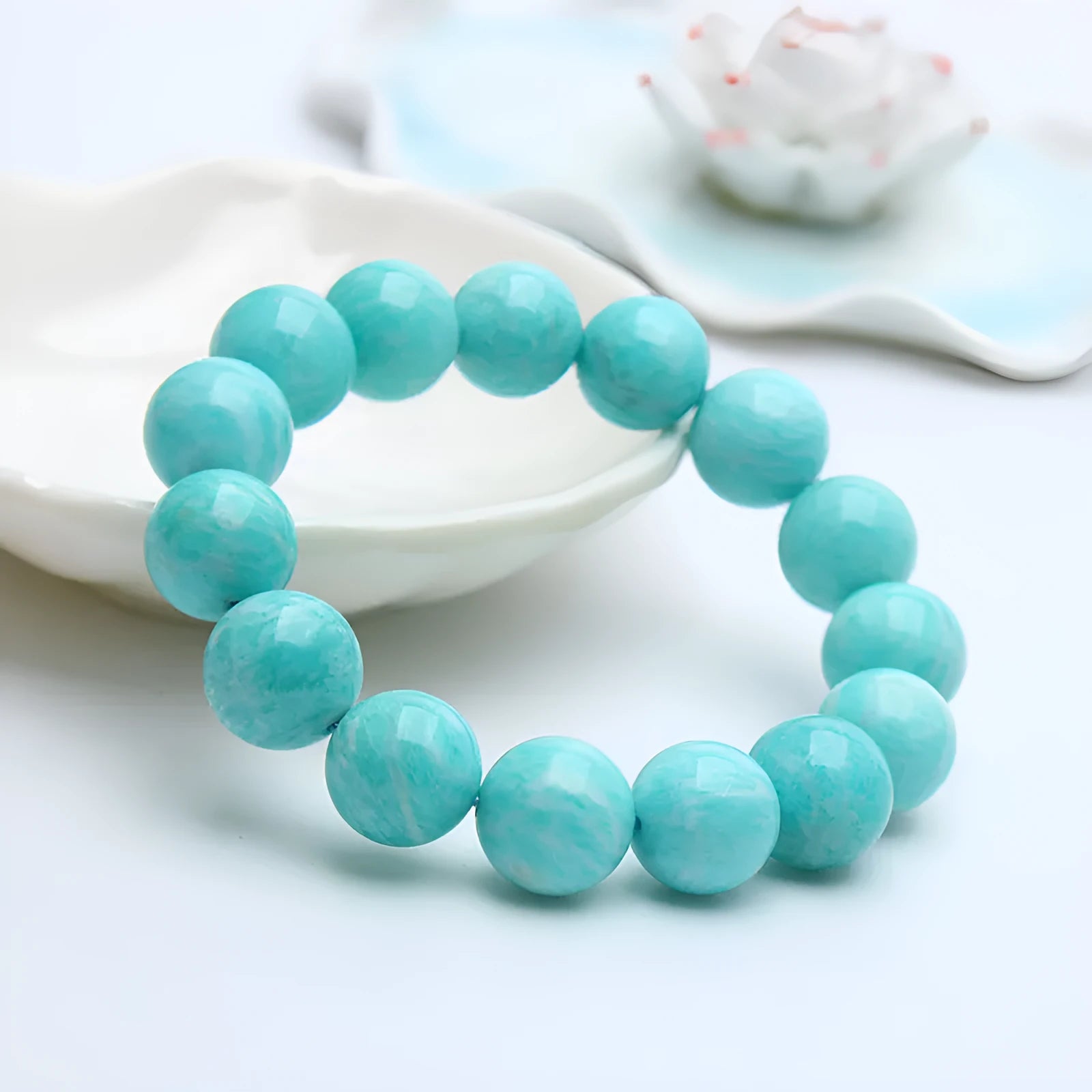 Green amazonite gemstone bead bracelet for men and women shown in three bead size options.