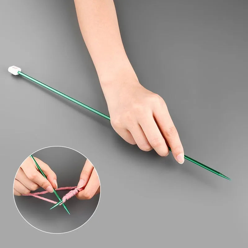 Extended reach crochet hook set showing metal caps and size range from 2.0mm to 10.0mm