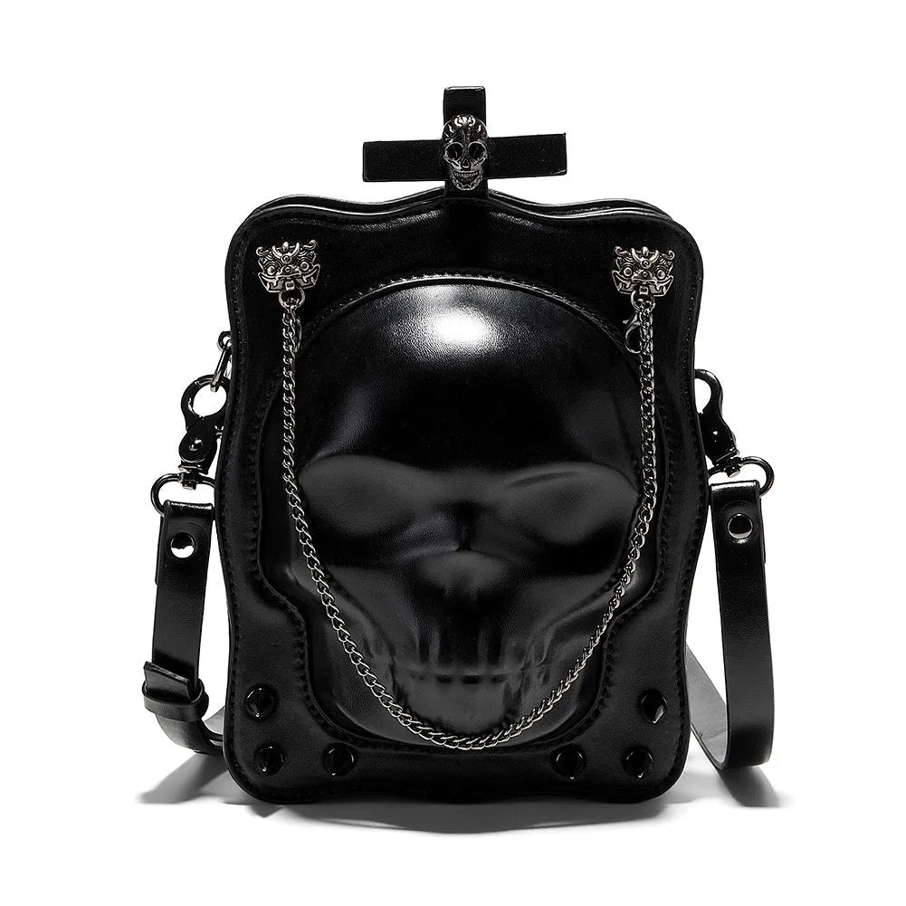 Black PU leather mini square crossbody bag with skull design, metal rivets, chain, and a zip opening.