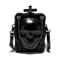 Black PU leather mini square crossbody bag with skull design, metal rivets, chain, and a zip opening.