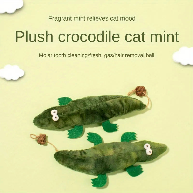 Green plush alligator catnip toy with plant-based materials and peppermint scent