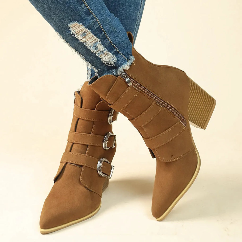 Chunky heel pointed toe retro mid-calf boots with belt buckle design for women, black colour, side view