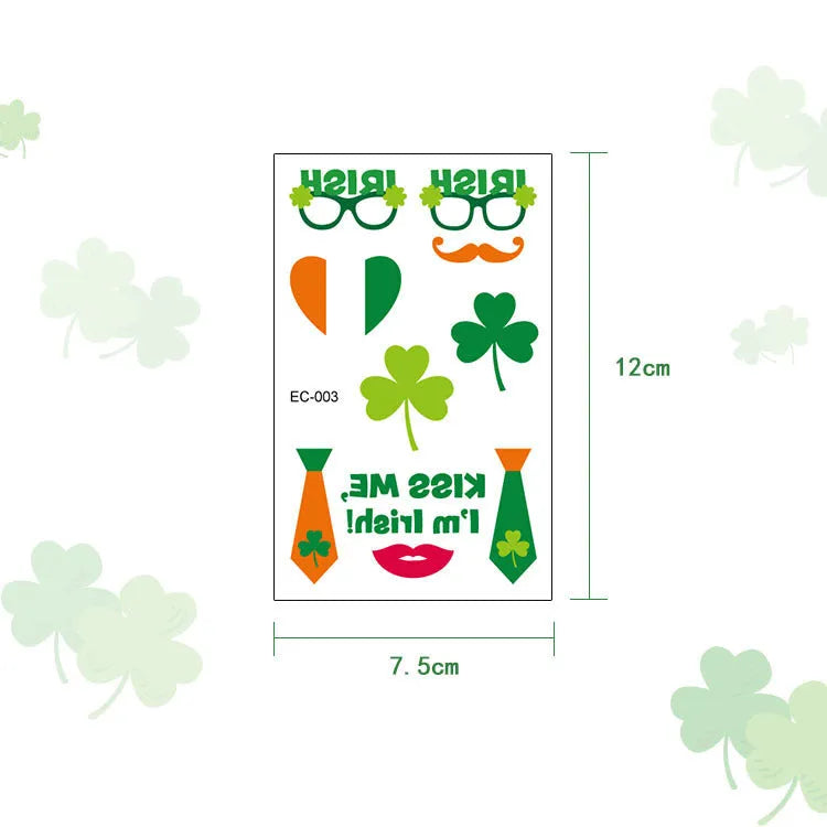 Children's temporary tattoo sticker with St. Patrick's Day clover and Irish flag cartoon design.