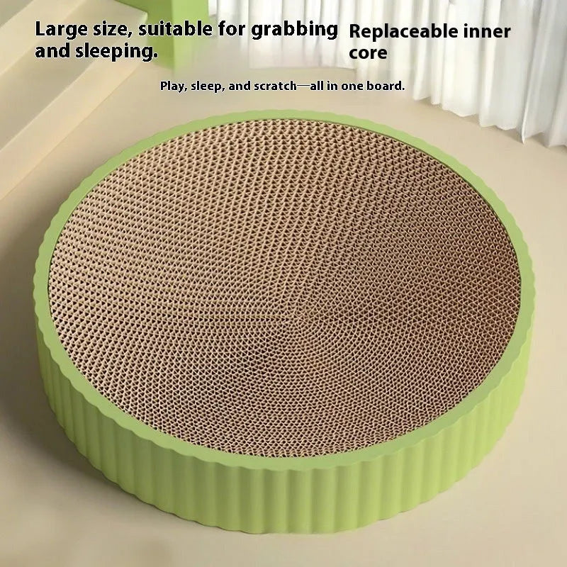 Green and white round corrugated paper cat scratching board nest with two refill packs