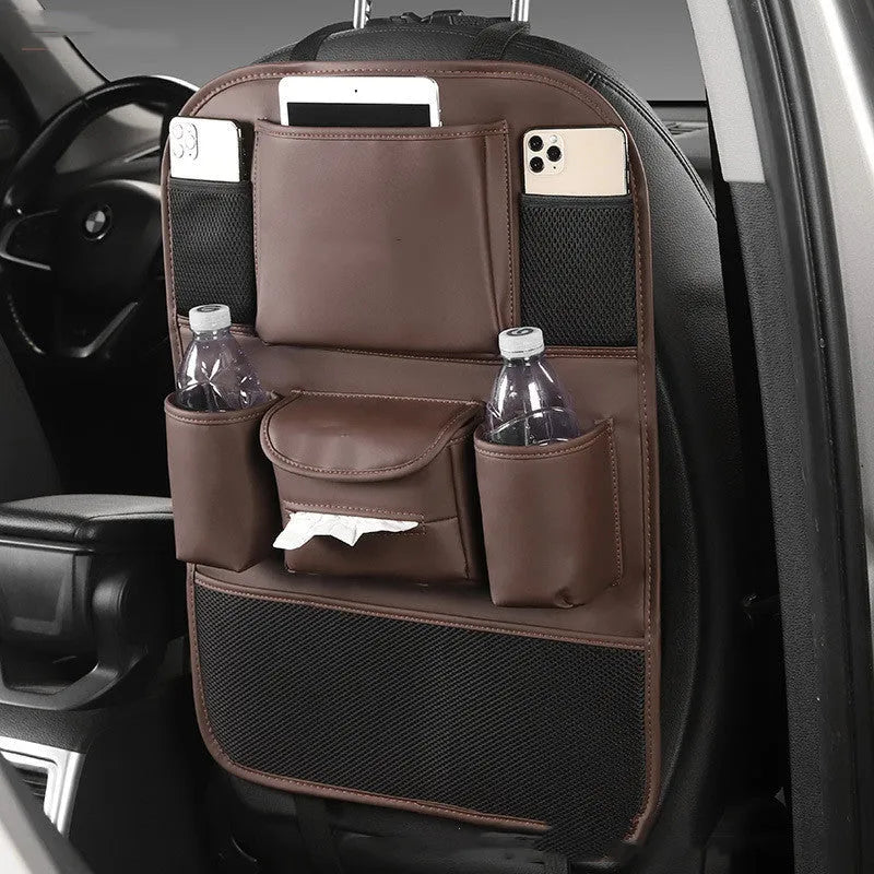 Genuine leather car seat back storage bag in four colour options with suspended hanging design