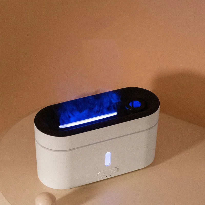 White resin flame lamp humidifier with two fog outlets and 300ml capacity, USB powered