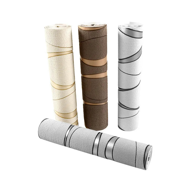 Roll of curve stripe decorative wallpaper with thick deerskin velvet texture in dark brown and light grey.