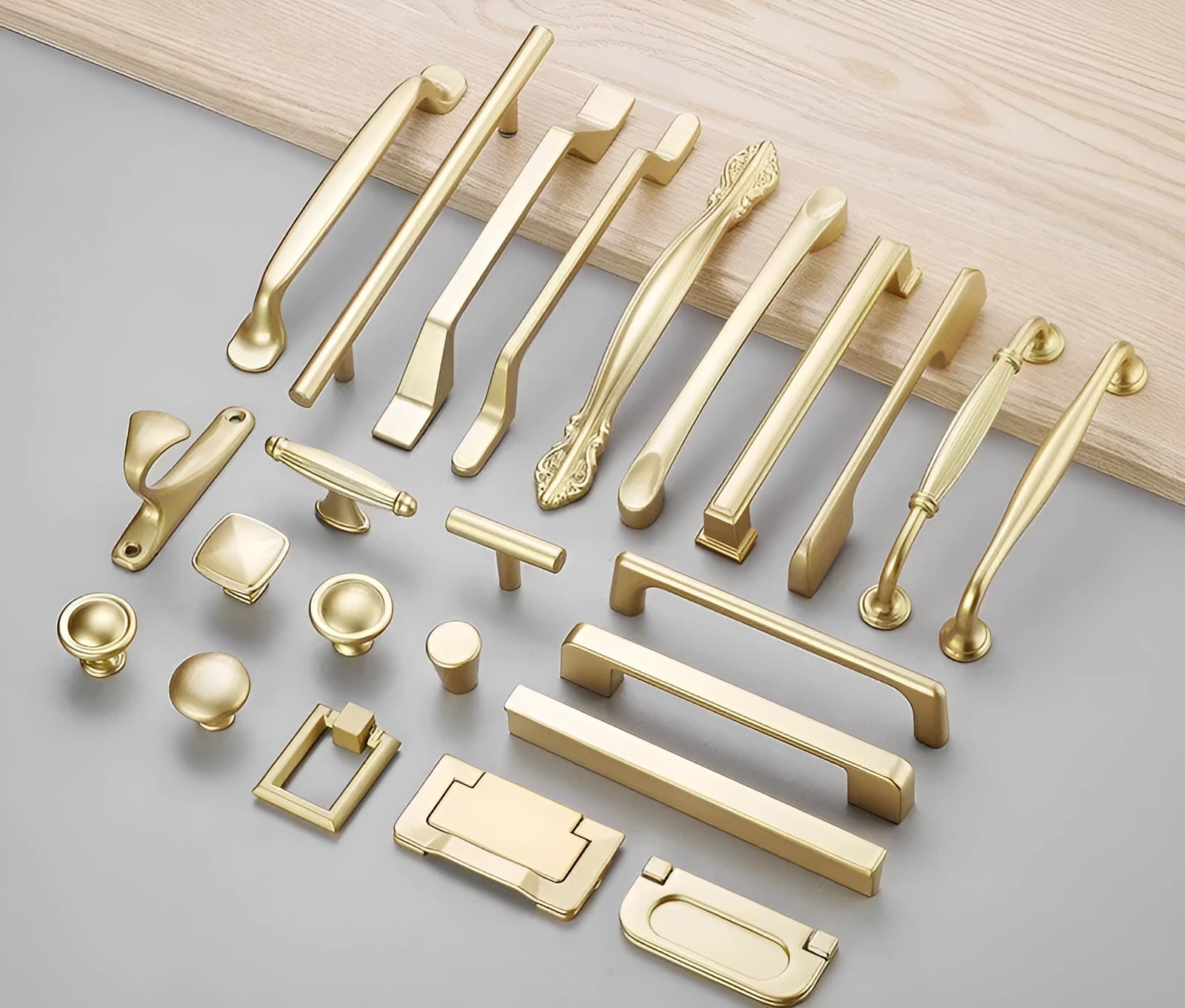 Gold aluminium T-shaped cabinet handle showing three hole distance size options