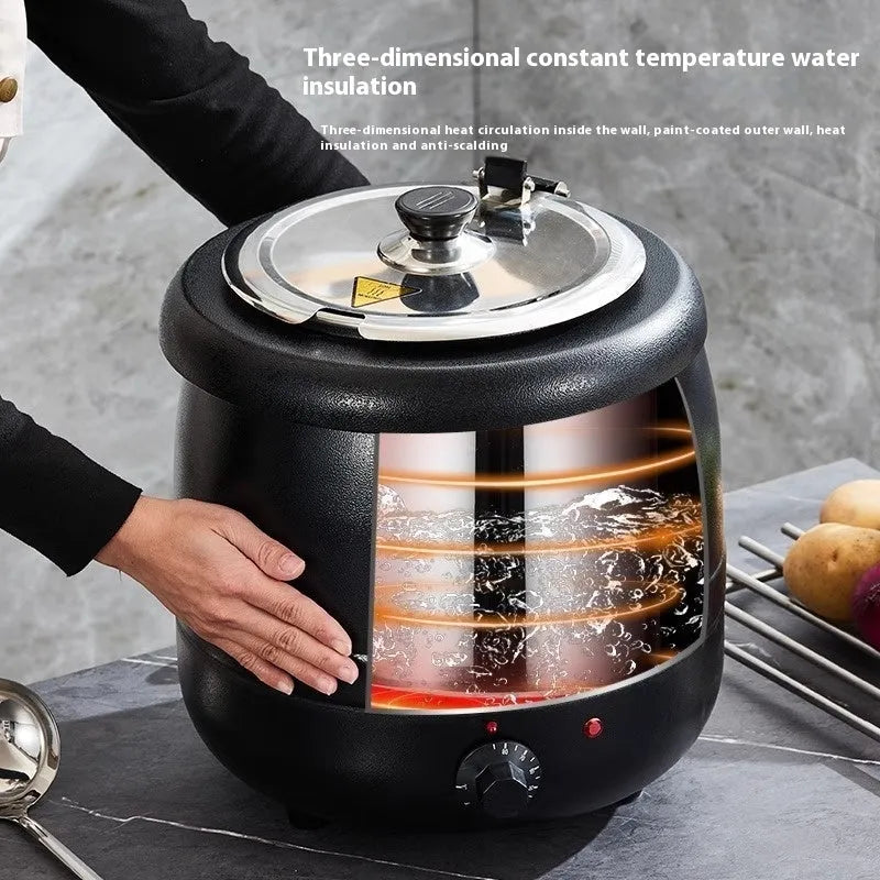 Black and stainless steel 10-litre electric insulation pot with large cover and adapter plug.