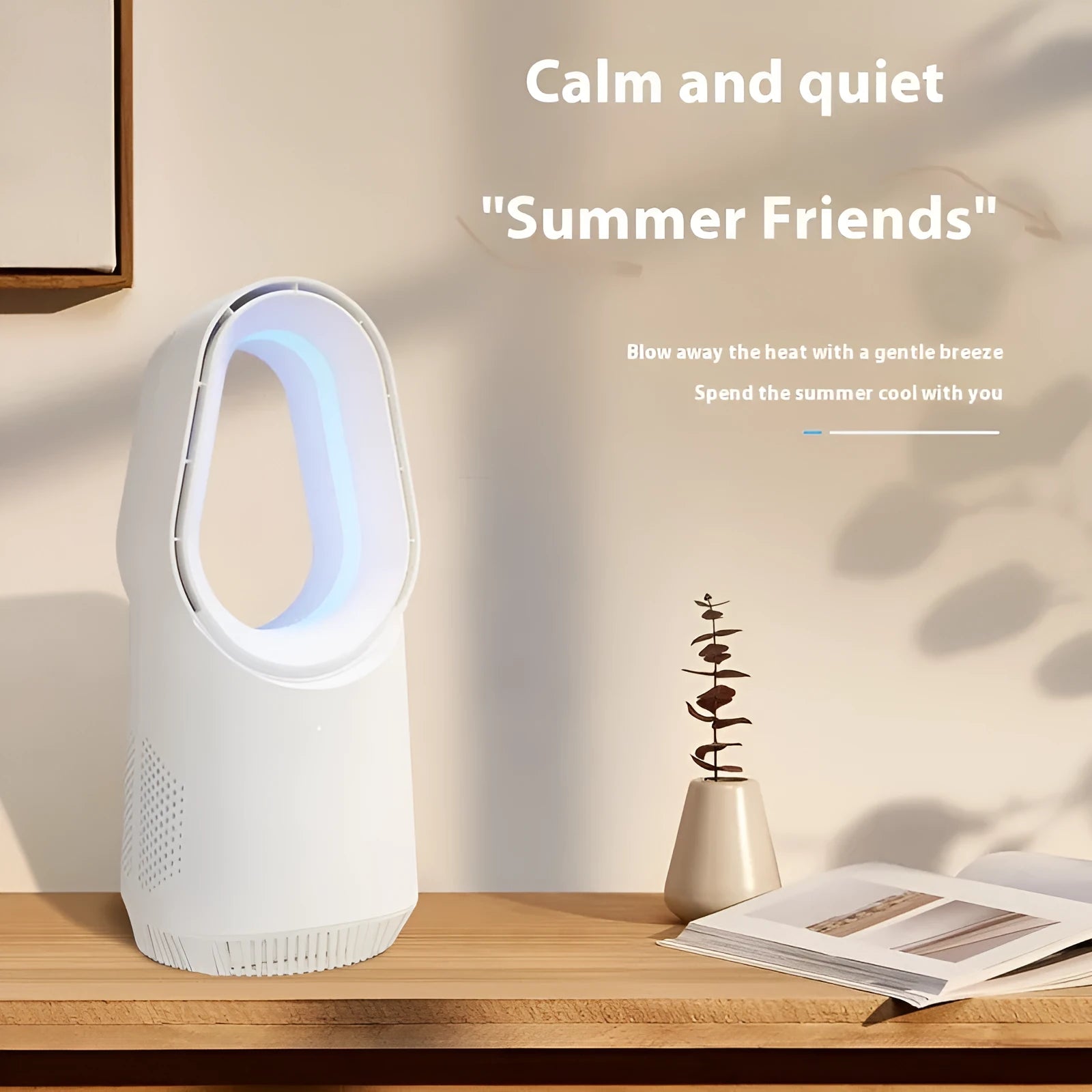 White bladeless tower fan with touch screen display and remote control on a desk.