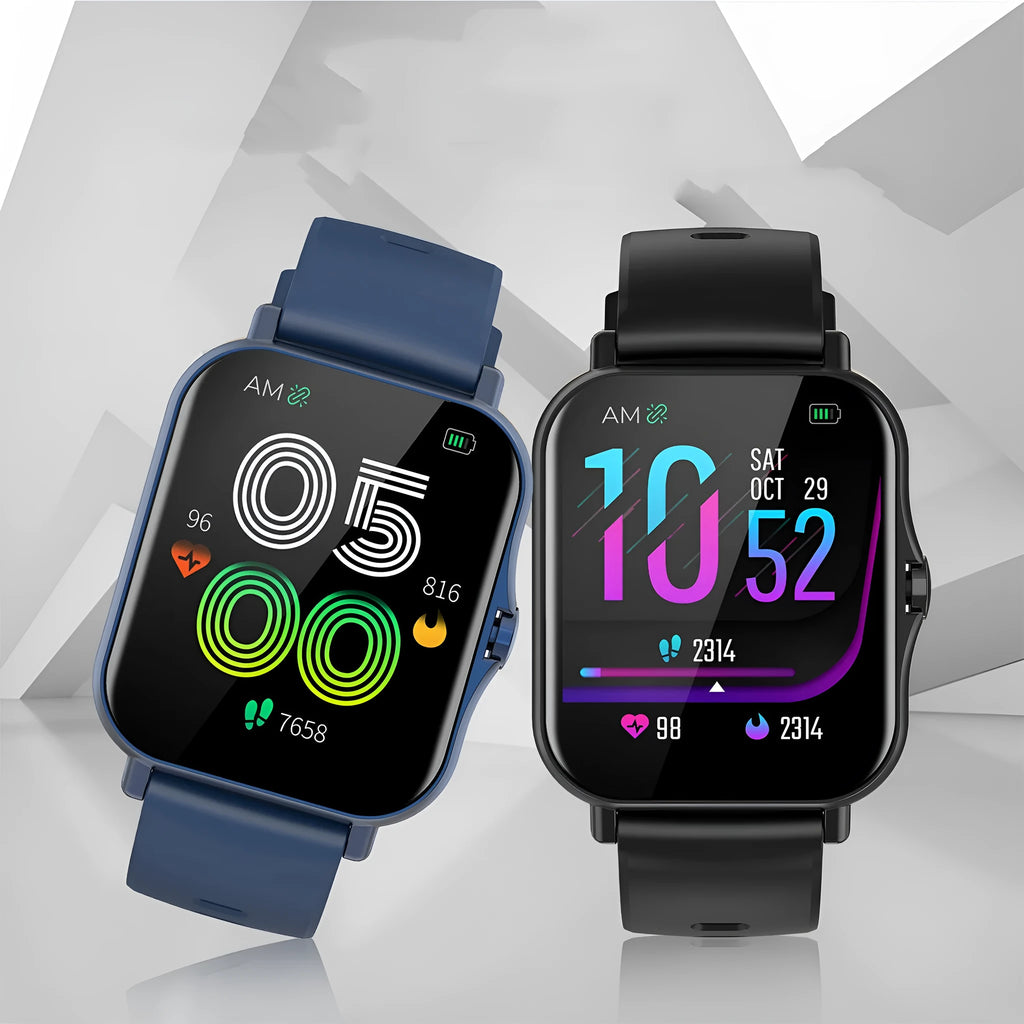 W10 Bluetooth smart watch for heart rate and blood pressure monitoring on a wrist, showing its curved touch screen.