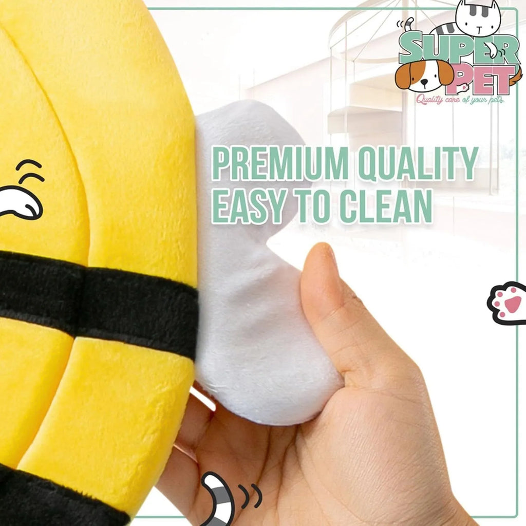 Soft cat cone collar with cute bee design showing Velcro closure for adjustable sizing