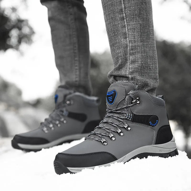 Men's winter snow boots with warm plush lining, lace-up synthetic leather upper, TPR sole, grey plus colour option