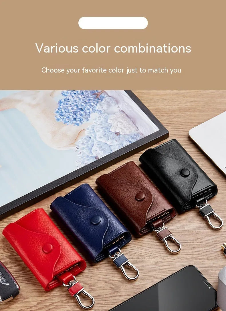 Genuine leather key case in square vertical Korean style with key mapping, shown in black.