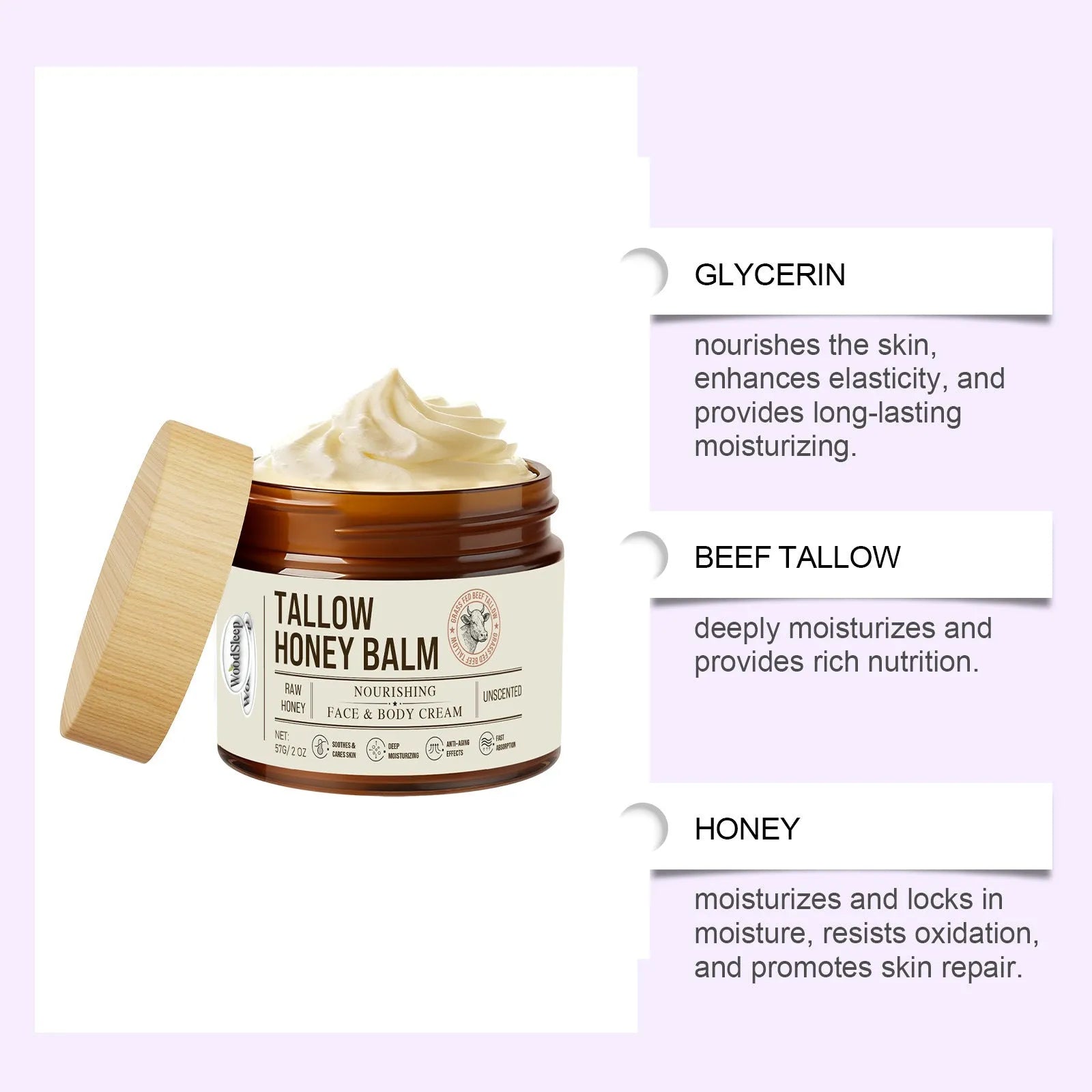 Tallow honey moisturising cream in 57G jar for skin repair and dryness relief