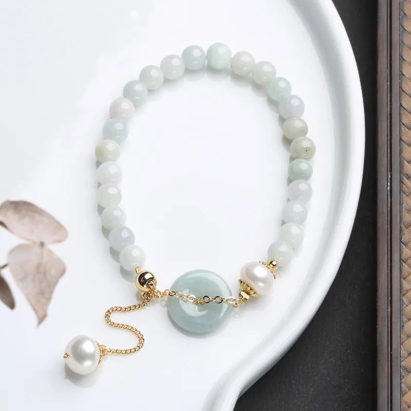 Geometric jade pendant pearl bracelet with peace buckle clasp in national style design