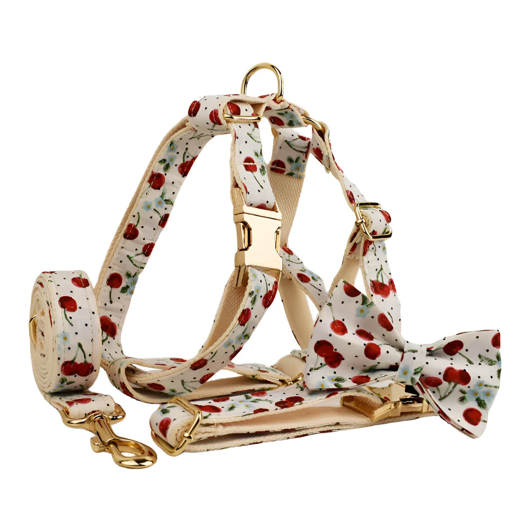Red cherry printed dog collar with light gold buckle and matching leash set with bow accessory