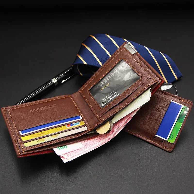 Men's black PU leather short wallet showing iron-edge card-picking slots and phone compartment.