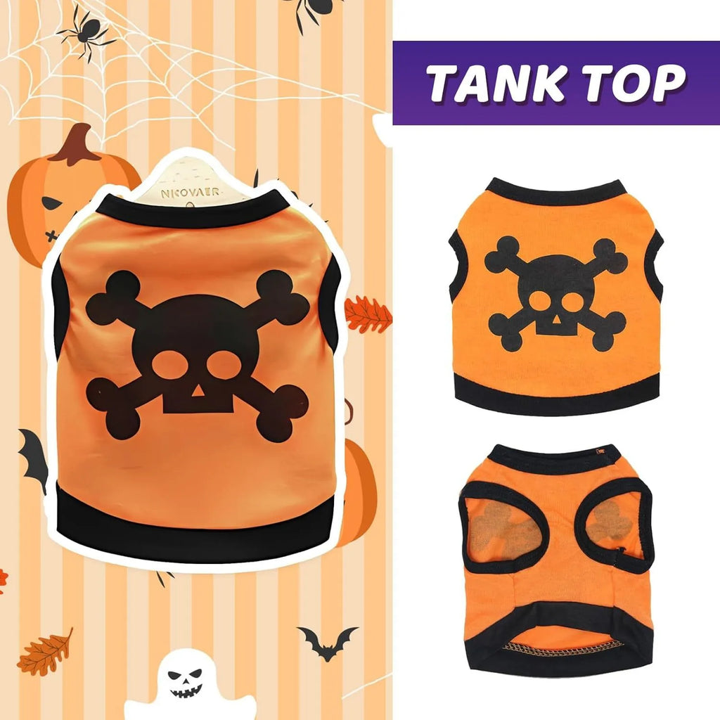 Halloween dog vest with skull bones pattern in blue, orange, purple colour options on small pet